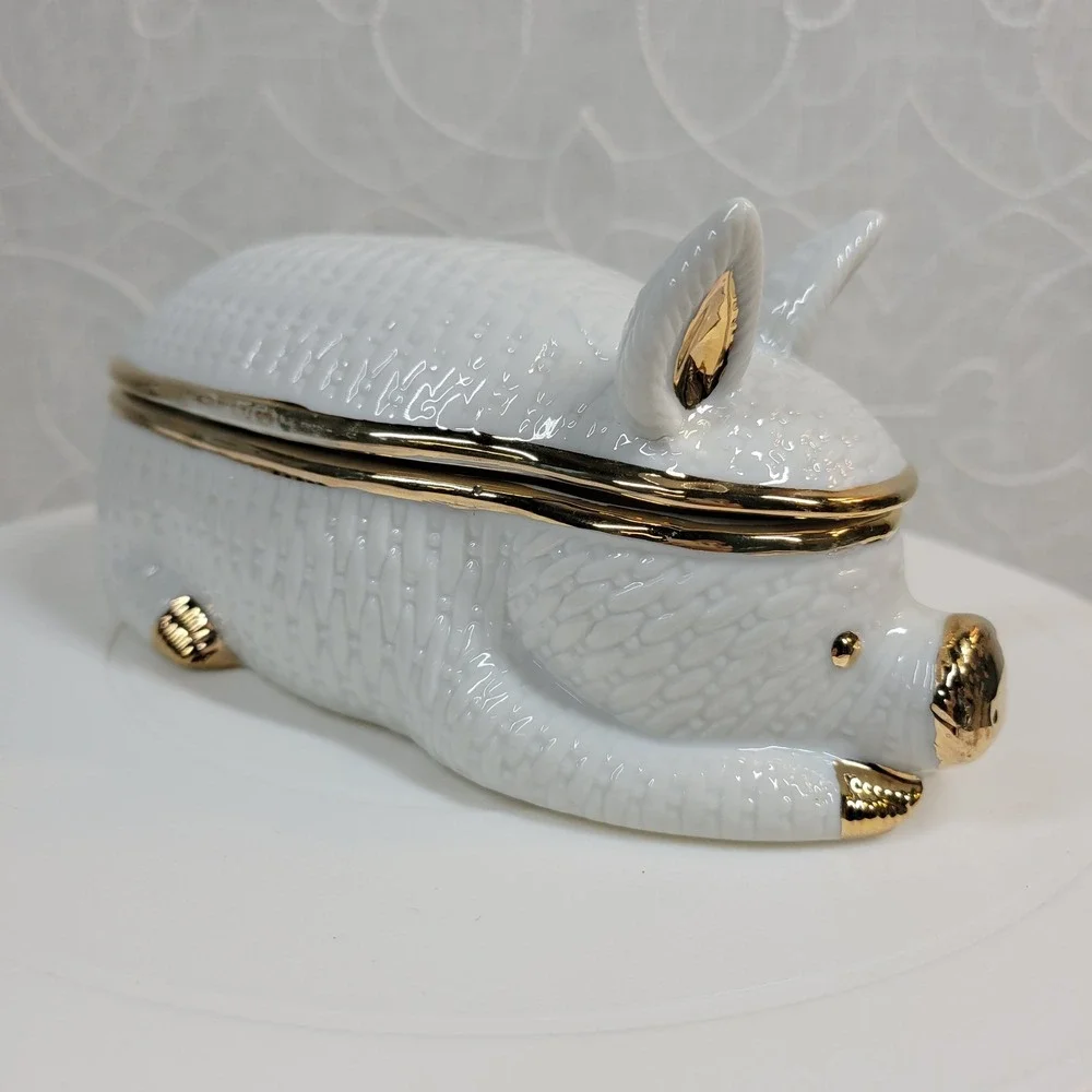 Bone China Porcelain Pig Hinged Trinket Jewelry Box w/ 18k Gold Accent